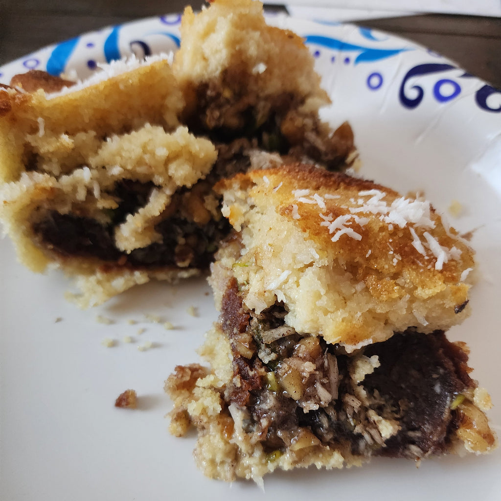 Honey cake stuffed with dates and nuts